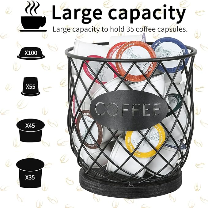 YINMIT K Cup Holder Organizer, Sturdy Coffee Pod Holder Organizer, 35 Kcup Large Capacity Storage Basket for Kitchen Counter and Office Desktop (Black-Circular)