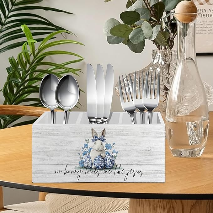 Chinoiserie Christian Easter Bunny Pen Pencil Holder Organizer for Desk Accessories, Blue and White Floral Rabbit Wooden Box Sign Desk Decor for Home Office Decoration, Easter Office Decor