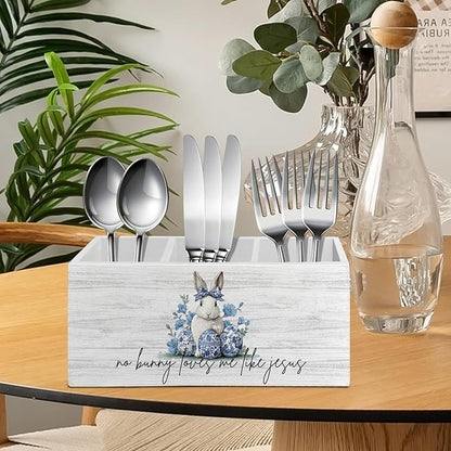 Chinoiserie Christian Easter Bunny Pen Pencil Holder Organizer for Desk Accessories, Blue and White Floral Rabbit Wooden Box Sign Desk Decor for Home Office Decoration, Easter Office Decor