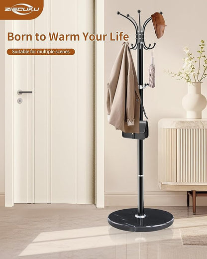 Metal Coat Rack with Natural Marble Base,360°Rotary Coat Rack Stand with 14 Hooks,Modern Freestanging Coat Racks for Entryway,Office,Black Coat Jacket Hanger Tree Stand for Coats, Scarves