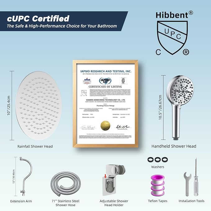 Hibbent All Metal CUPC Certified Shower Head, 10'' High Pressure Rainfall Shower Head, Handheld Showerhead Combo with 12'' Adjustable Extension Arm, 10-Spray, 71'' Shower Hose, Shower Holder, Chrome