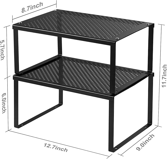 NEX Cabinet Organizer Shelf Set of 2, Kitchen Counter Stackable Shelves, Expandable Spice Rack Pantry Organizers Bathroom Storage Riser, Metal, Black