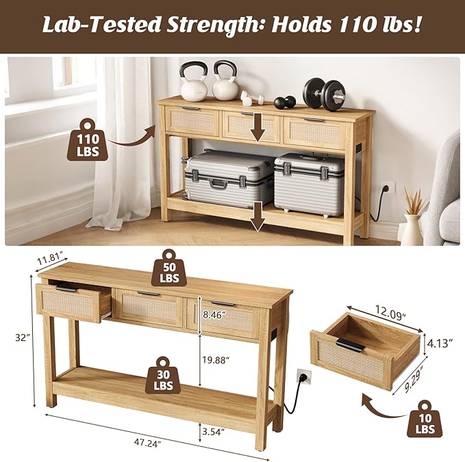 Rattan Entryway Table with 4-Port Charging Station (2 AC Outlets + USB/USB-C), 3 Drawers Storage & Open Shelf, Behind Couch Console Sofa Table for Hallway, Foyer - Natural Weave & Oak, 47 Inch
