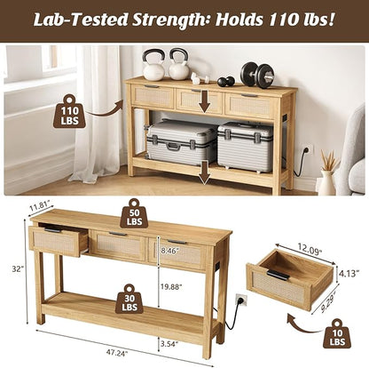 Rattan Entryway Table with 4-Port Charging Station (2 AC Outlets + USB/USB-C), 3 Drawers Storage & Open Shelf, Behind Couch Console Sofa Table for Hallway, Foyer - Natural Weave & Oak, 47 Inch