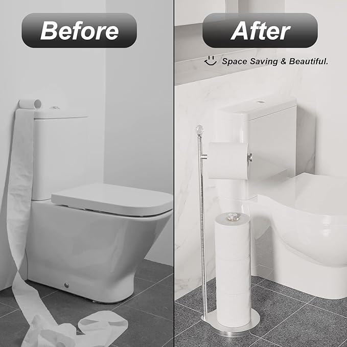 KASUNTO Toilet Paper Holder for Bathroom, Heavy Weighted Metal Free Standing Toilet Paper Storage with Crystal Ball, Toilet Paper Stand for Bathroom Accessories, Brushed Nickel [Holds MEGA Rolls]
