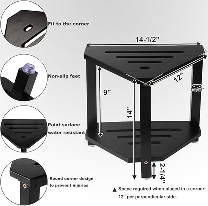 IBosins Corner Shower Stool with Storage Shelf Shower Foot Rest for Shaving Legs Small Bench for Inside Shower to Sit on Bath Seat - Acacia Wood, Black