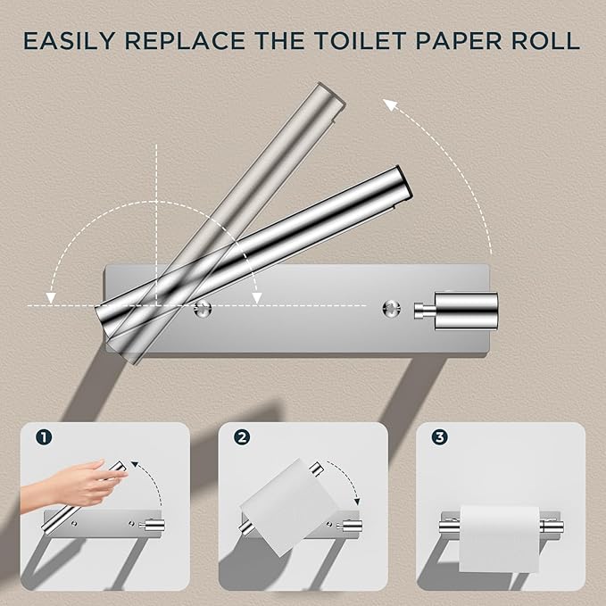 FORIOUS Toilet Paper Holder, Adhesive or Wall Mounted Options, Stainless Steel Rustproof Stick on no Drilling Double Post Pivoting Toilet Tissue Roll Holder Wall Mount for Bathroom, Polished Chrome
