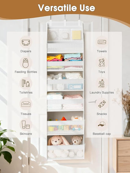 Criusia Over the Door Organizer, Heavy-Duty 6-Shelf Hanging Storage with 13 Mesh Pockets, 55lbs Capacity Behind the Door Storage for Nursery, Bathroom, Bedroom, and Dorm, White
