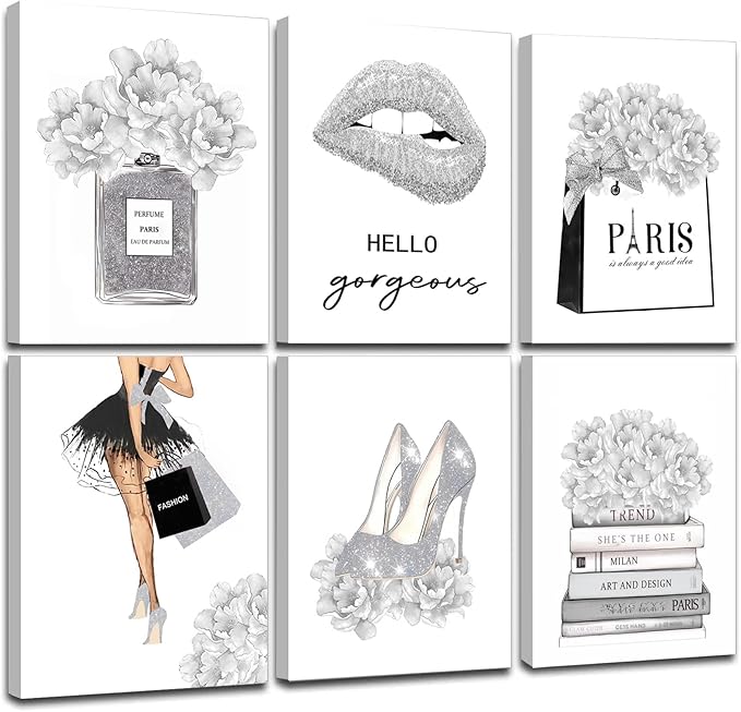 Glam Gray Fashion Wall Decor, FRAMED Woman Makeup Room Wall Art, Fashion Silver Girly Beauty Room Picture Wall Decor for Office Bedroom Bathroom, Watercolor Perfume Handbags High Heels Lipstick Wall Paintings, Ready to Hang (Set of 6, 12x16 in, Framed)