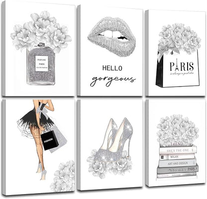 Glam Gray Fashion Wall Decor, FRAMED Woman Makeup Room Wall Art, Fashion Silver Girly Beauty Room Picture Wall Decor for Office Bedroom Bathroom, Watercolor Perfume Handbags High Heels Lipstick Wall Paintings, Ready to Hang (Set of 6, 12x16 in, Framed)