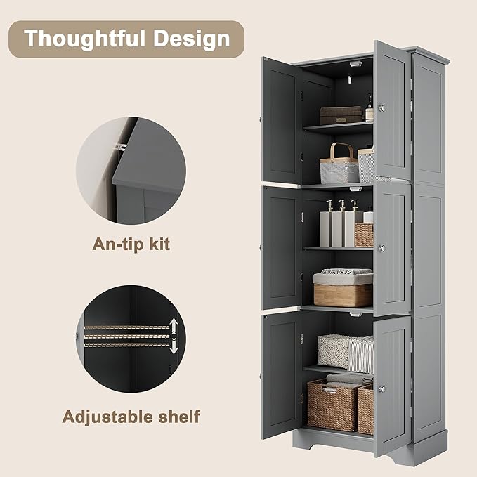 ChooChoo Tall Bathroom Storage Cabinet with 6 Doors, Freestanding Floor Cabinet with Adjustable Shelves, Grey Pantry Cabinet for Bathroom, Kitchen, Laundry Room