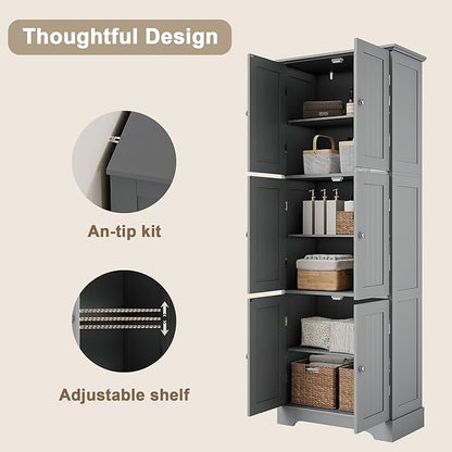 ChooChoo Tall Bathroom Storage Cabinet with 6 Doors, Freestanding Floor Cabinet with Adjustable Shelves, Grey Pantry Cabinet for Bathroom, Kitchen, Laundry Room