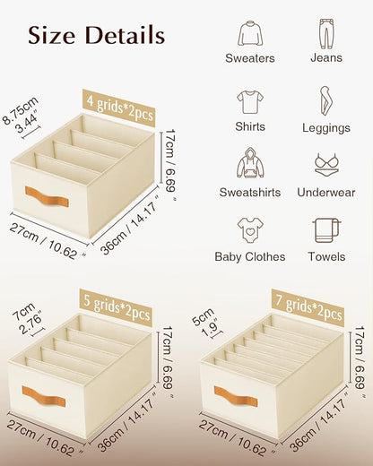 Homsorout Clothes Organizers and Storage - 4/5/7 Grids Fabric Jeans Organizer with Handles, Foldable Closet Organizers Dividers, Wardrobe organizer for Pant, Sweater, T-shirt, Scarf, 6 Pack, Beige