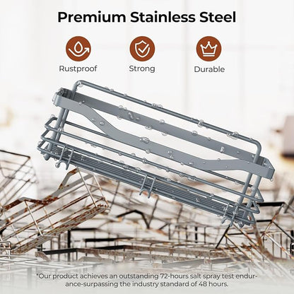 Orimade Shower Caddy Basket Shelf Storage Rack, No Drilling Wall Mounted Adhesive Rust Resistant Stainless Steel Shower Organizer with 5 Hooks for Bathroom, Light Blue Grey 2 Pack