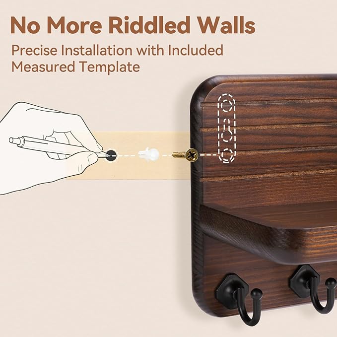 Key Holder for Wall, Mail Organizer Wall Mount with 6 Hooks Wooden Hanging Key Rack for Home Decor, Hallway, Entryway (Brown)