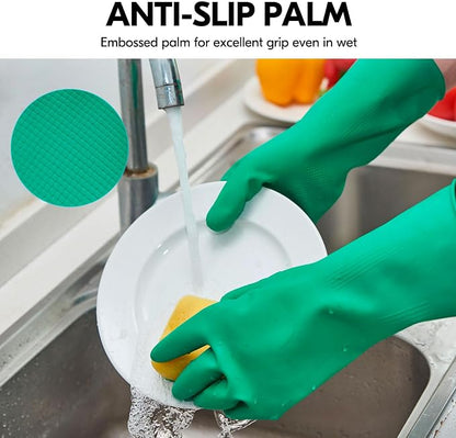 Vgo... 2-Pairs Reusable Household Gloves, Rubber Dishwashing gloves, Extra Thickness, Long Sleeves, Kitchen Cleaning, Working, Painting, Gardening, Pet Care (Size S, Green, HH4601)