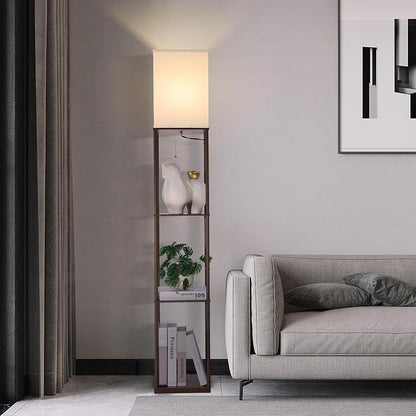 Gupuzm Floor Lamp with Shelves, Modern Square Standing Lamp with 3 Color Temperature Bulb, Corner Display Bookshelf Lamp for Living Room, Bedroom and Office (Brown-9)