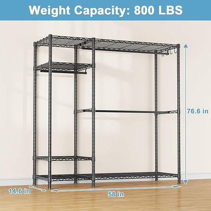 Ulif F7 Garment Rack, Heavy Duty Clothes Rack, Clothing Racks for Hanging Clothes, 6-Tiers Freestanding Portable Closet Storage Rack 58'' W × 14.6'' D × 76.6'' H, Max Load 800 Lbs, Black