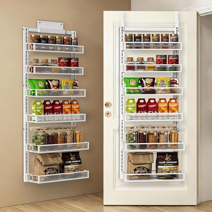 Over the Door Pantry Organizer 6 Tier Hanging or Wall Mounted Spice Rack with Adjustable Basket,Heavy Duty Metal Seasoning Organizer Shelf for Kitchen Pantry and Bathroom