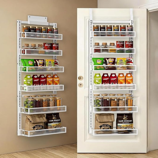 Over the Door Pantry Organizer 6 Tier Hanging or Wall Mounted Spice Rack with Adjustable Basket,Heavy Duty Metal Seasoning Organizer Shelf for Kitchen Pantry and Bathroom