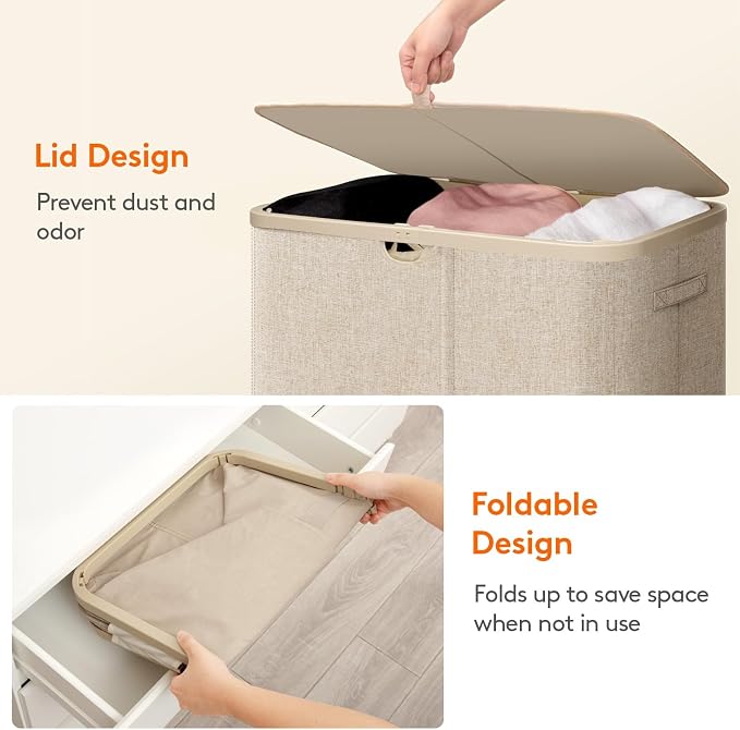 Lifewit 185L 3 Section Laundry Hamper with Lid, Large Laundry Basket with Handles and Removable Bags, Tall Clothes Hamper, Foldable Laundry Sorter for Bedroom Bathroom, Beige