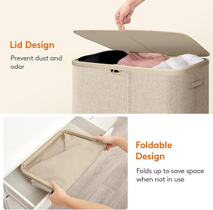 Lifewit 185L 3 Section Laundry Hamper with Lid, Large Laundry Basket with Handles and Removable Bags, Tall Clothes Hamper, Foldable Laundry Sorter for Bedroom Bathroom, Beige