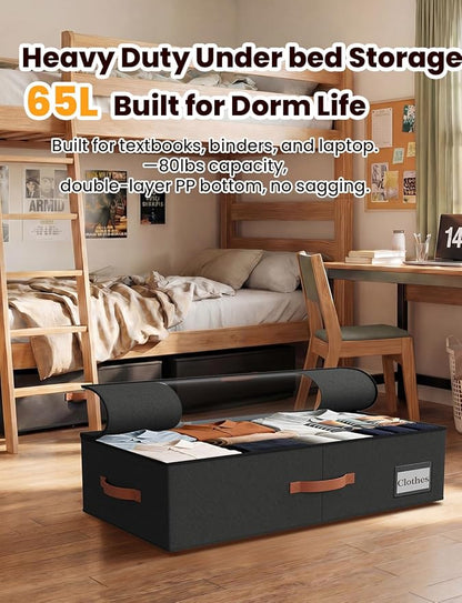 TOSKING 2-Pack Under Bed Storage Drawers with Wheels, 6 Vacuum Bags, 7.9" Height, Large 65L/80 lbs Clear Lid Rolling Bin, 900D Oxford, Space Saver for Dorm Bedroom, Blankets, Clothes, Shoes, Black