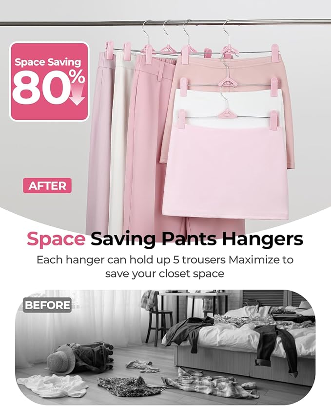 Skirt & Pant Hangers for Women Kid - 30 Pack Pink Space Saving Stackable Skirts Hangers with Clips - Non-Slip, Adjustable for Men, Children, Baby