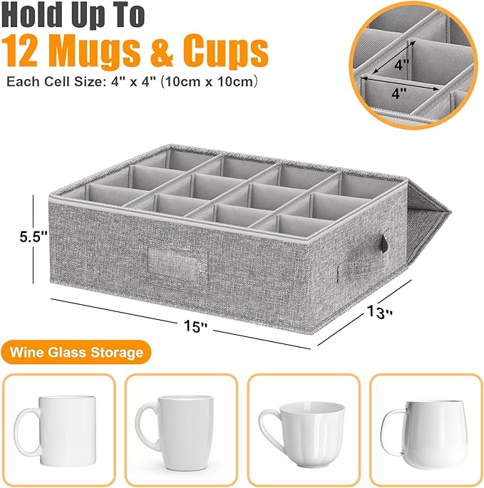 Kukikan Coffee Mug Storage Box 2 Pack with Dividers, China Storage Containers Organizer Moving Supplies, Hard Shell & Stackable for Coffee Mugs, Tea Cups w/Sturdy Lid & Handles, 24 Compartments, Grey