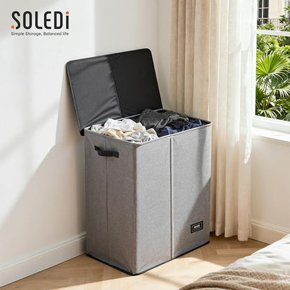 SOLEDI Double Laundry Basket with Lid and Removable bag, Large Laundry Hamper 2 Section with handles, Collapsible Dirty Clothes Hampers for Laundry, Bedroom, Dorm, College