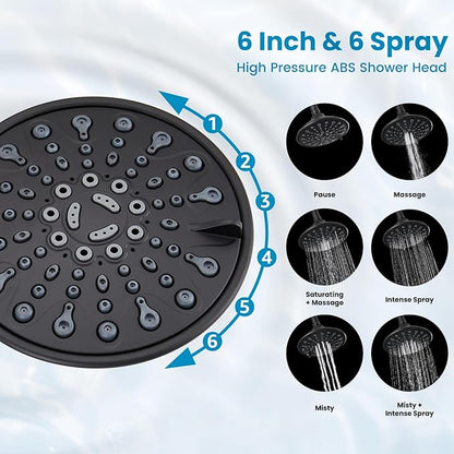 gotonovo Shower Faucet Set Bathroom Shower Head and Handle Set Complete 6 Settings 6 inch Rainfall Shower Head Kit High Pressure Shower System Combo Shower Trim Kit with Valve Matte Black