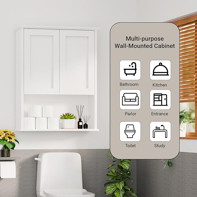 Multi-Purpose Wall Cabinet: Easy-to-Assemble, White Modern Style, 3-Tier Storage. Fits as Kitchen Cabinet, Over-Toilet Cabinet & Bedroom Wall Cabinet