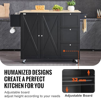 VEVOR Kitchen Island Cart, Rolling Table with Drop Leaf, Spice Rack, Towel Bar, Adjustable Shelf, Drawer, and Hooks, Mobile Island on Wheels, Mobile Carts with Storage Cabinet, 45.3" Wood Top, Black