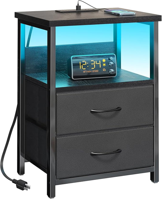 Fixwal Night Stand with Charging Station, LED Nightstand with U-S-B Ports and Outlets for Small Spaces, 2 Fabric Storage Drawers, Bedside Table End Tables Bedroom Decor, Modern Black