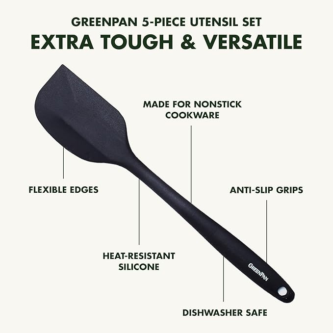 GreenPan 5 Piece Cooking Utensil Set, Flexible Nonstick Silicone, Stain-Free, Tongs, Turner, Spatula, Skimmer, and Slotted Spoon, Black
