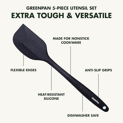 GreenPan 5 Piece Cooking Utensil Set, Flexible Nonstick Silicone, Stain-Free, Tongs, Turner, Spatula, Skimmer, and Slotted Spoon, Black