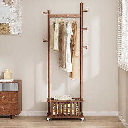 Solid Wood Coat Rack Clothes Rack, Coat Rack Freestanding with Storage Basket and 5 Hooks, Heavy Duty Coat Tree for Entryway, Living room, Coat Hanger Stand for Hats, Bags Clothes