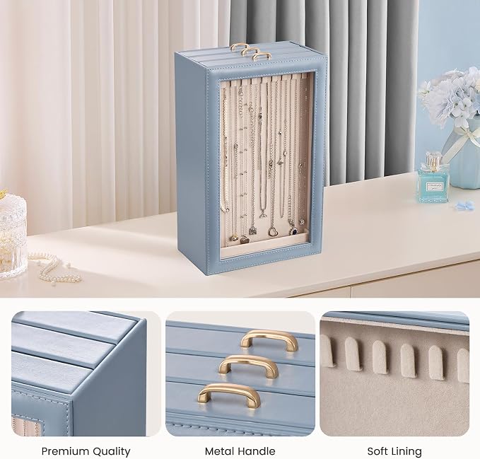Lolalet Necklace Organizer Box, Jewelry Storage Box with Clear Window for Necklaces Bracelets, Tangle-Free Necklace Display Case for Women Girls, Dusty Blue, 3 Layers 30 Hooks