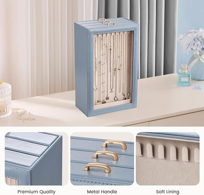 Lolalet Necklace Organizer Box, Jewelry Storage Box with Clear Window for Necklaces Bracelets, Tangle-Free Necklace Display Case for Women Girls, Dusty Blue, 3 Layers 30 Hooks