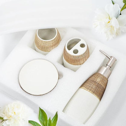 CERBIOR Bathroom Accessories Set,4 Pcs Ceramic Bathroom Decor Accessory,Includes Toothbrush Holder, Toothbrush Cup, Soap Dish for Decorative Countertop and Housewarming Gift, (Brown White)