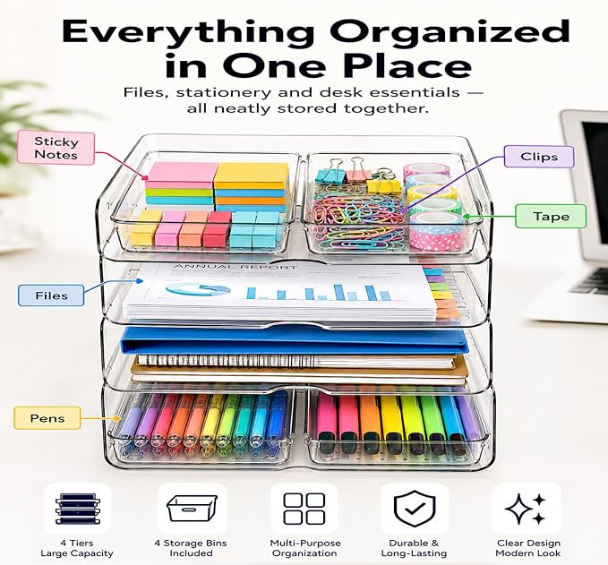 DCA 4 Tier Acrylic Desk Organizer with 4 Storage Bins, Clear Paper Tray Organizer for Letter Size Files, Office Desk Organization System for Documents, School Supplies & Accessories