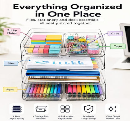 DCA 4 Tier Acrylic Desk Organizer with 4 Storage Bins, Clear Paper Tray Organizer for Letter Size Files, Office Desk Organization System for Documents, School Supplies & Accessories