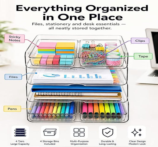 DCA 4 Tier Acrylic Desk Organizer with 4 Storage Bins, Clear Paper Tray Organizer for Letter Size Files, Office Desk Organization System for Documents, School Supplies & Accessories