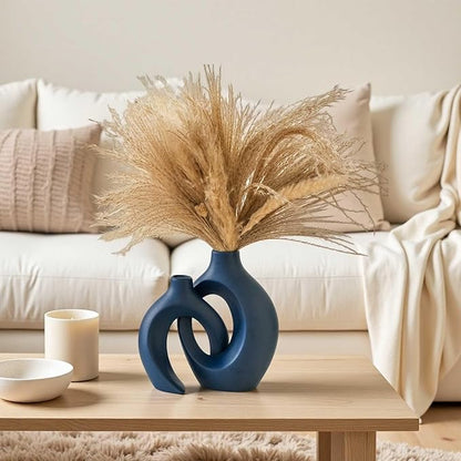 Snuggle Hollow Ceramic Vase Set of 2, Nordic Modern Boho ins Style Ceramic Aesthetic Flower Vases for Home Decor Living Room Coffee Table Decorative (Matte Navy Blue W 6.3" X H 8.4")