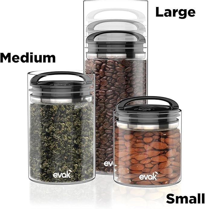 Prepara Evak Compact Airtight Glass Storage Canister, Medium (6” x 3.75", 24oz) – Borosilicate Glass Container Vacuum Seal Lid & Black Handle, Odor & BPA-Free, Ideal for Coffee, Tea, Pantry Dry Goods