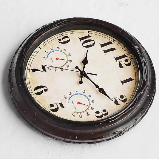 JENLYSTIME 13 Inch Dark Brown Vintage Waterproof Indoor/Outdoor Wall Clock with Thermometer & Hygrometer Large Silent Numerals & Accurate Timekeeping for Living Room, Porch&Garden&Pool