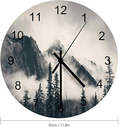 Scenic Nature Wall Clock, Misty Forest Tree Scenery Mountain Foggy Woodland Landscape Wall Clocks Battery Operated Silent Non Ticking Round Wooden Clocks for Kitchen Bathroom Living Room 12 Inch
