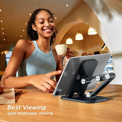 OCYCLONE Phone Stand, Foldable Cell Phone Stand Holder for Desk Office Accessories Adjustable Height and Angle iPhone Stand Compatible with 4"-13" Phones iPad Tablet - Black