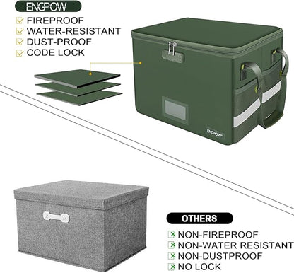 ENGPOW File Box with Lock, Fireproof Document Box with Pockets, Collapsible File Organizer Filing Storage Cabinet with Handle, Portable Home Office Safe for Hanging Letter/Legal Folders,Green,2 Pack