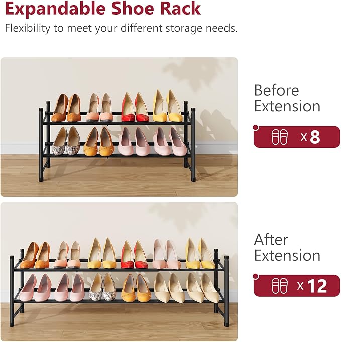 Tajsoon Expandable Shoe Rack for Closet 2 Tier, 28“-41“ Adjustable & Stackable Shoe Shelf Storage, Metal Shoe Rack Organizer for Front Door Entrance, Closet, Garage, Entryway, Black